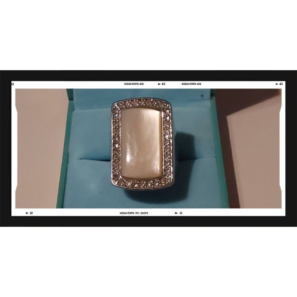 Steel by Design Mother of Pearl & Crystal Statement Ring Sz 9